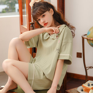 睡衣女夏季纯棉可爱韩版短袖薄款两件套装学生可外穿春秋天家居服