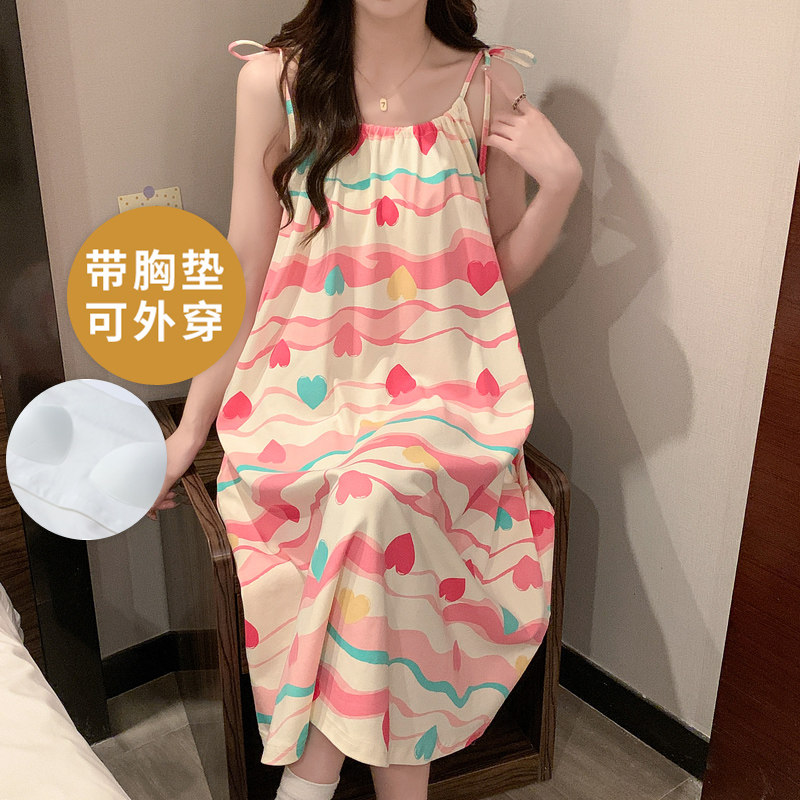 夏季条纹吊带睡裙女士自带胸垫一体家居服睡衣可外穿中款无袖甜美
