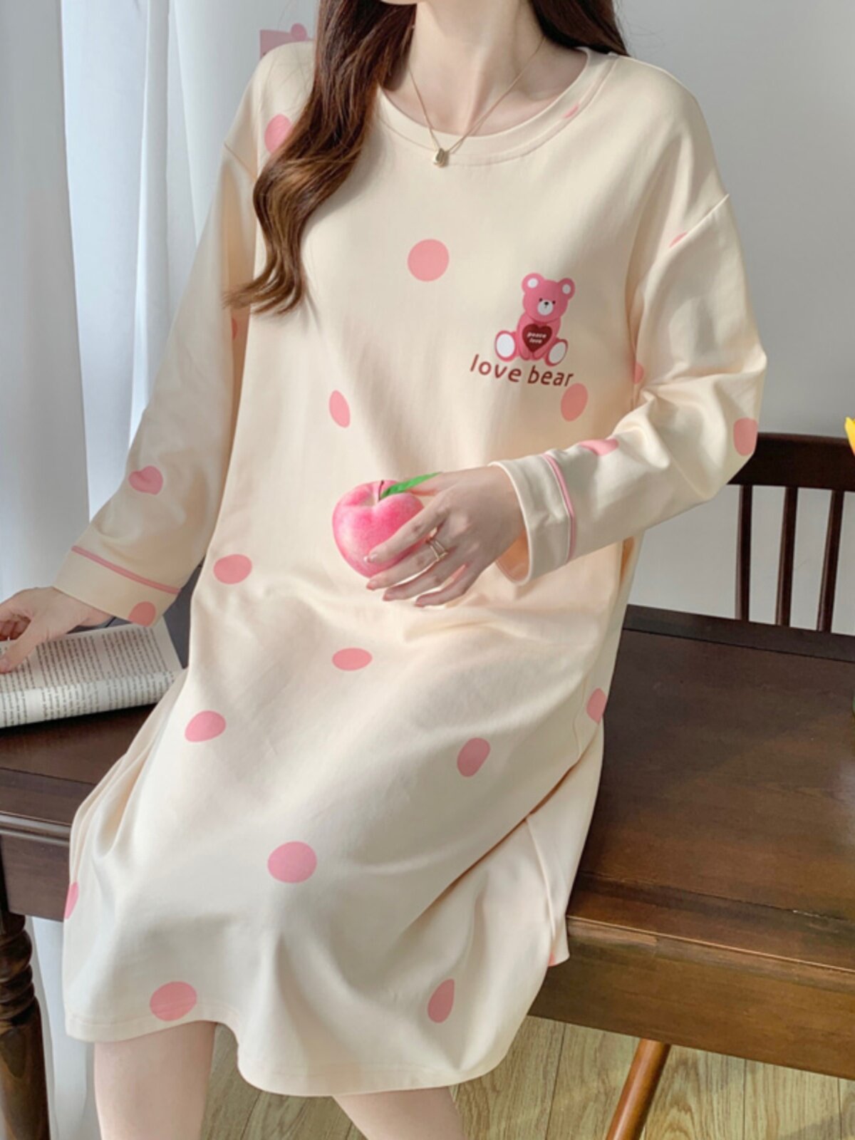 봄 가을 순면 여성용 잠옷 여름 겨울 학생 가정복 외부에서 입을 수있는 귀여운 루즈 긴팔 중간 길이 잠옷