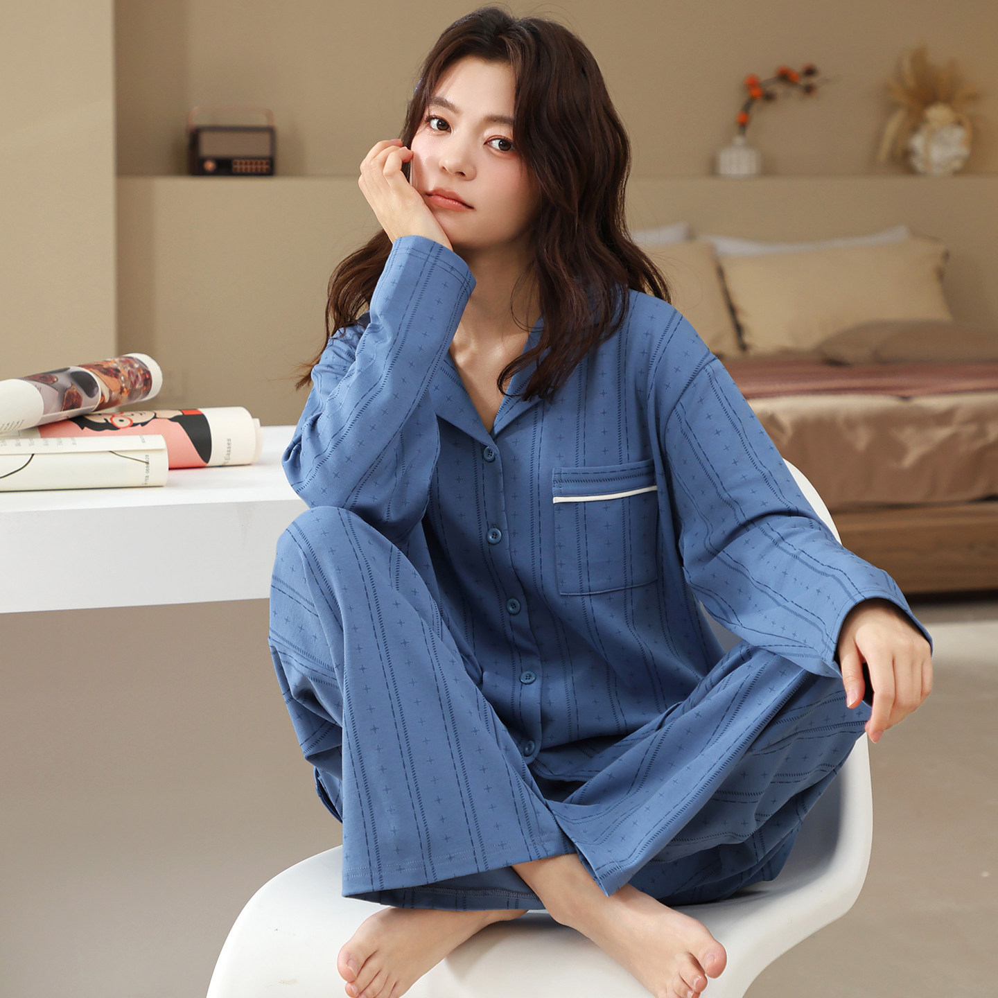 四季通用女士睡衣长袖开衫家居服