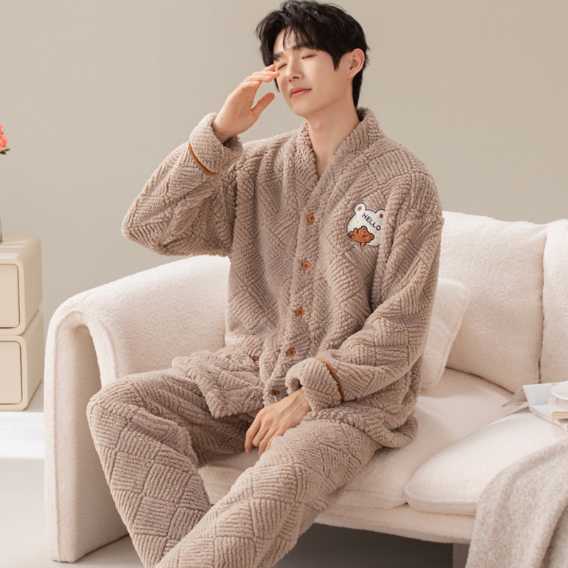 男士珊瑚绒睡衣套装加绒加厚开衫