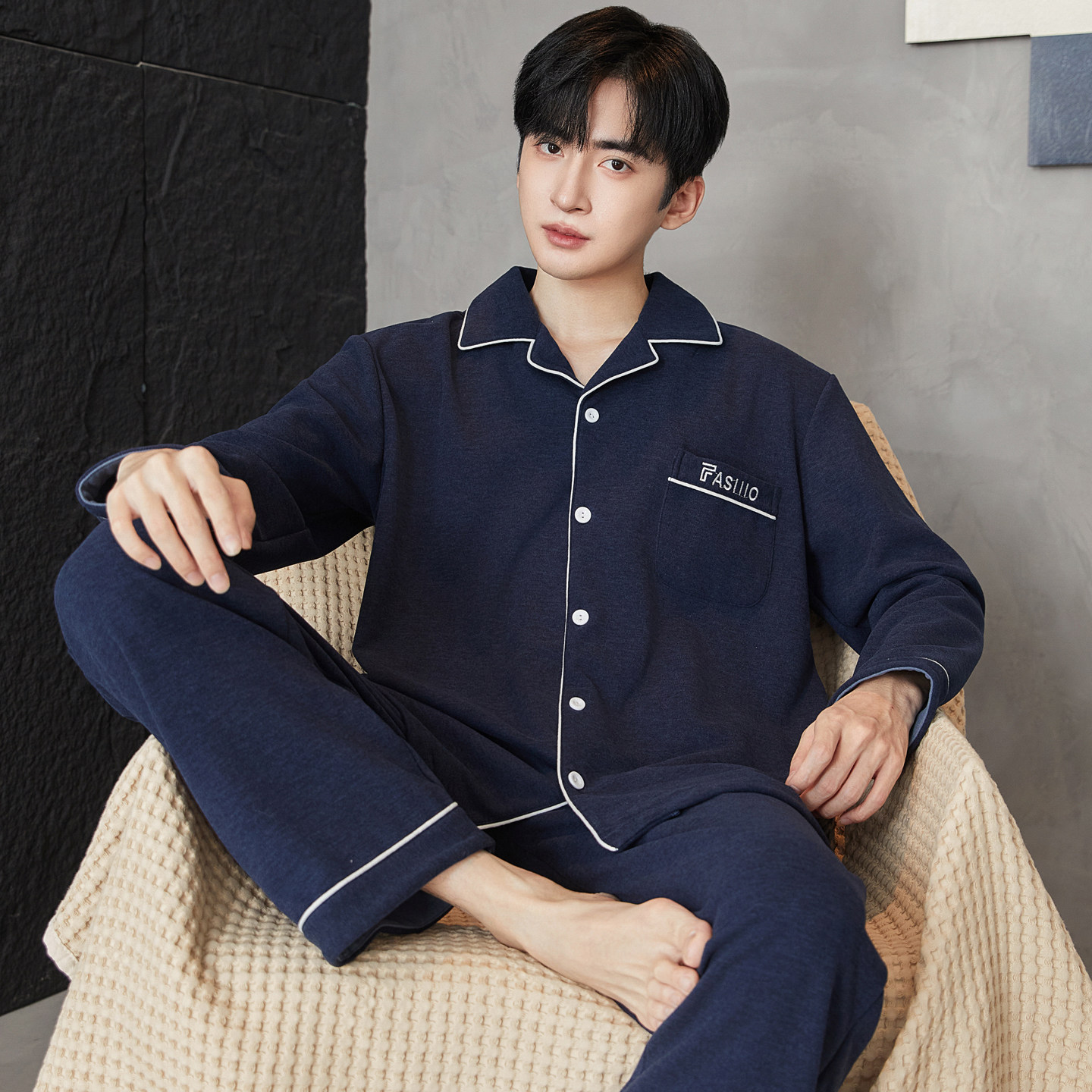 春秋冬季男士德绒保暖开衫家居服