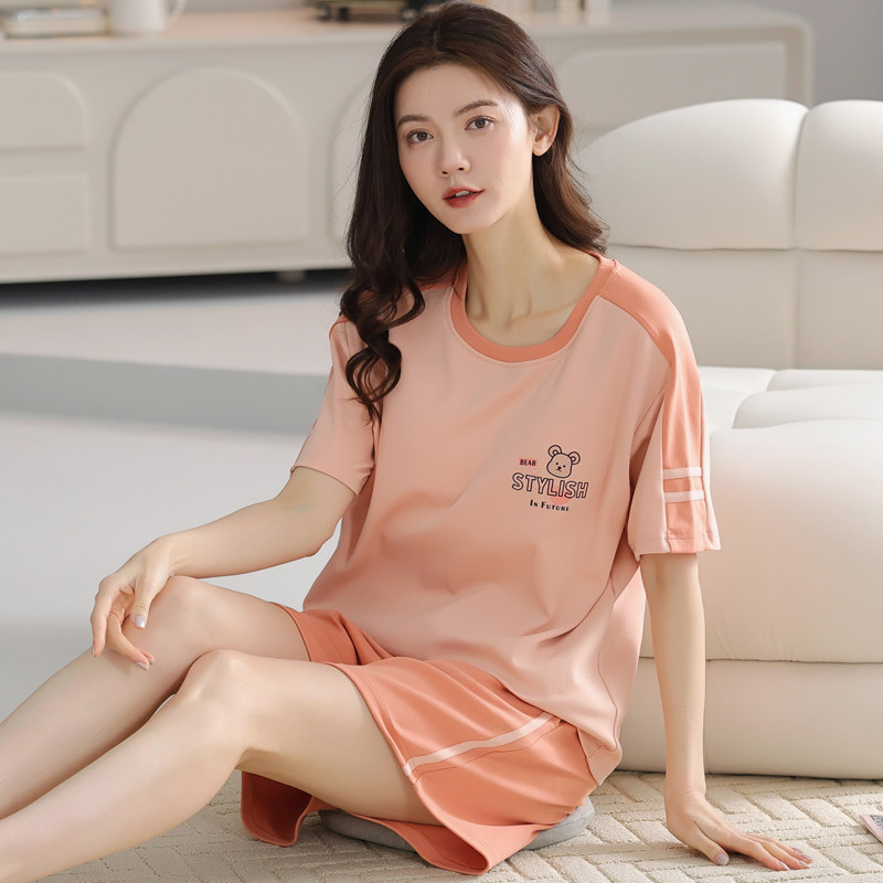 夏季女士100%纯棉全棉睡衣套装短袖家居服可外穿薄款韩版薄款运动