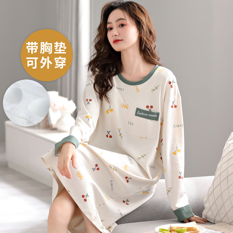 春秋季长袖睡裙自带胸垫一体卡通