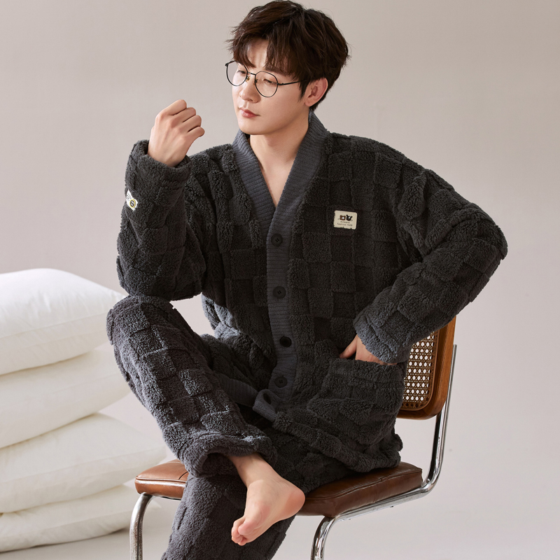 男士珊瑚绒睡衣套装法兰绒青少年