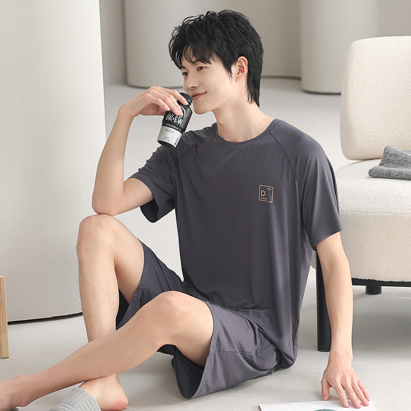 男士夏季莫代尔冰丝睡衣套装加肥加大码短袖家居服套装学生青少年