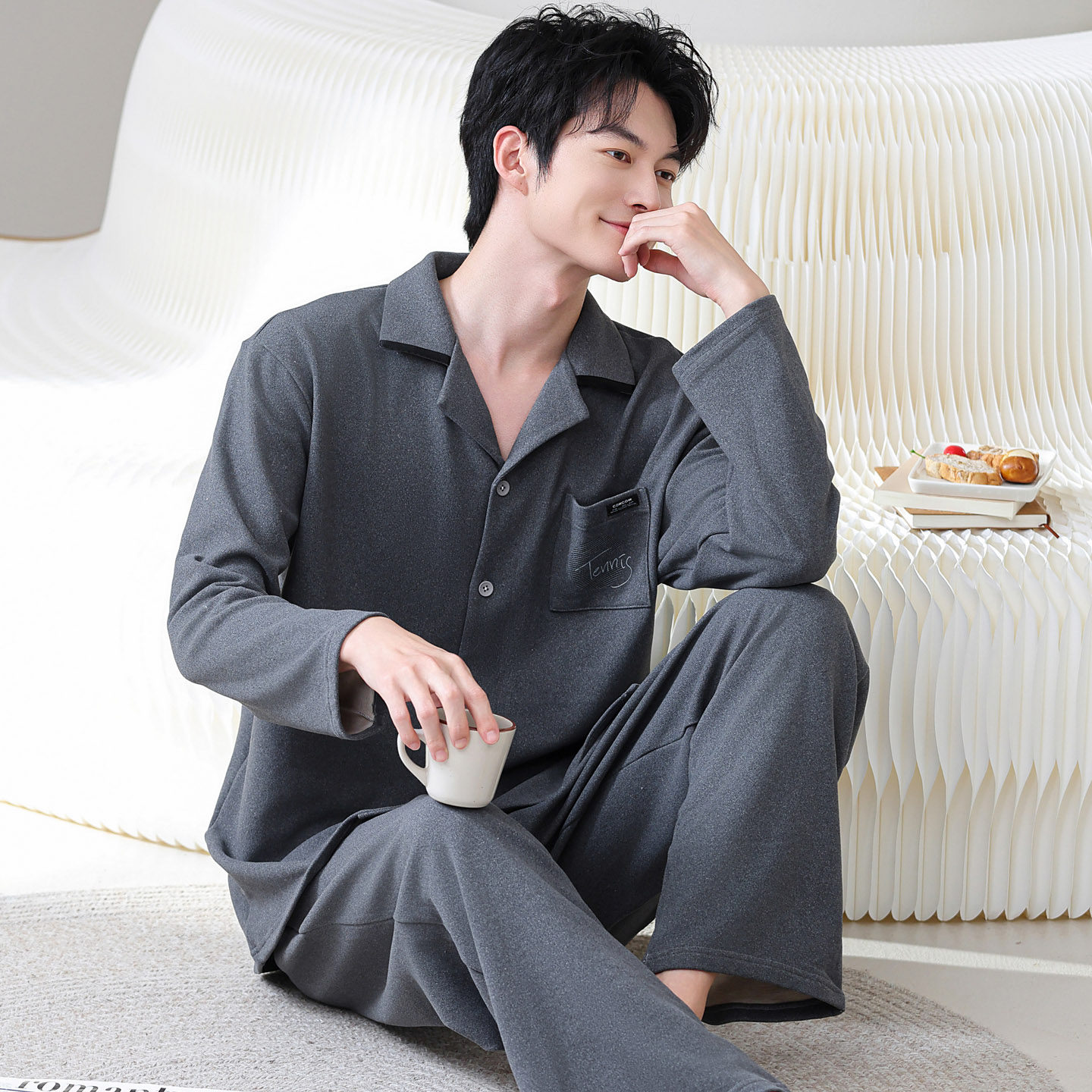 德绒睡衣套装男士秋冬季开衫长袖