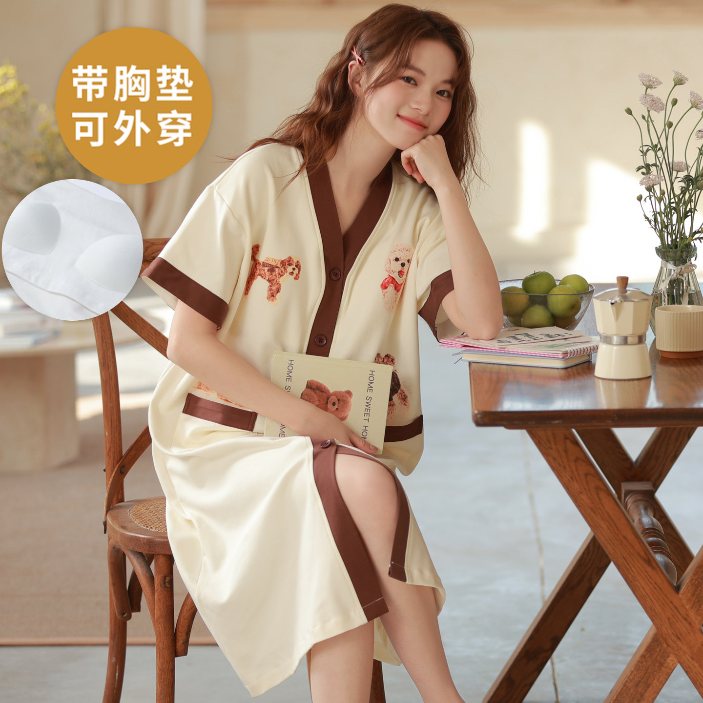 夏季女士100%纯棉开衫短袖款睡裙
