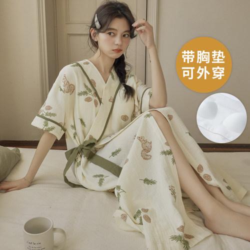 夏季开衫和服短袖睡袍女自带胸垫