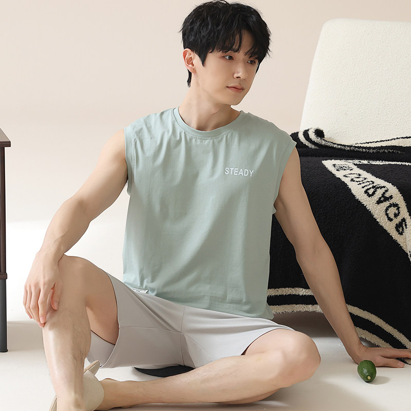 夏季男士薄款无袖背心睡衣套装冰丝莫代尔家居服大码可外穿夏天
