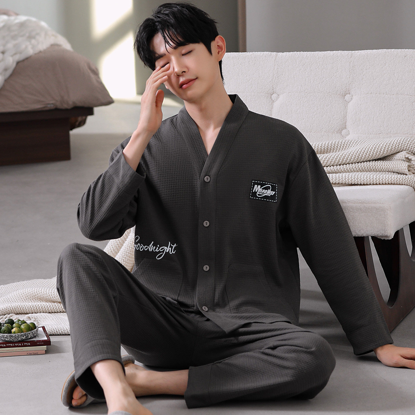 春秋季男士特大码长袖睡衣套装和服特大码冬家居服开衫运动可外穿