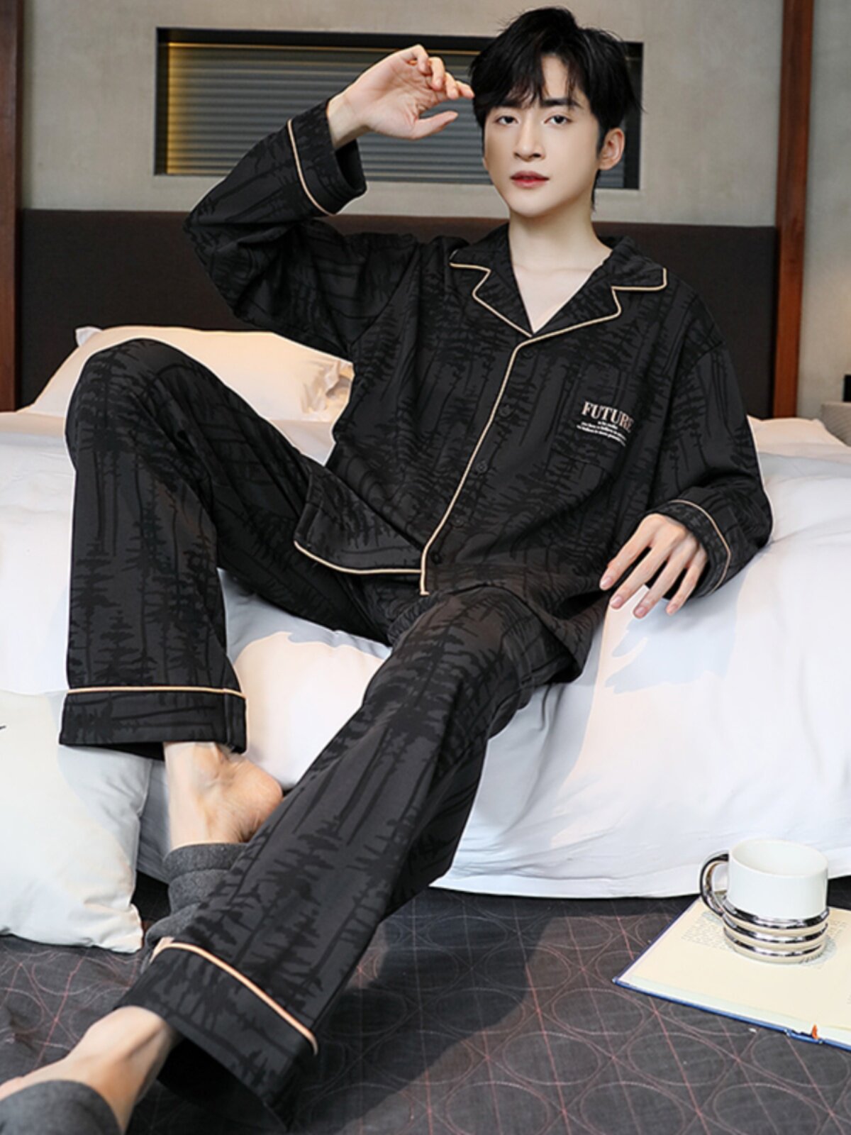 PAJAMAS MENS COTTON SPRING AND AUTUMN PLUS SIZE LOOSE CASUAL LONG SLEEVE SUIT CARDIGAN CAN BE WORN OVER SUMMER AND WINTER LOUNGEWEAR