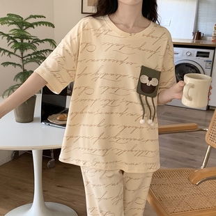 字母运动女士短袖长裤家居服可爱学生大码薄款学生夏季睡衣套装