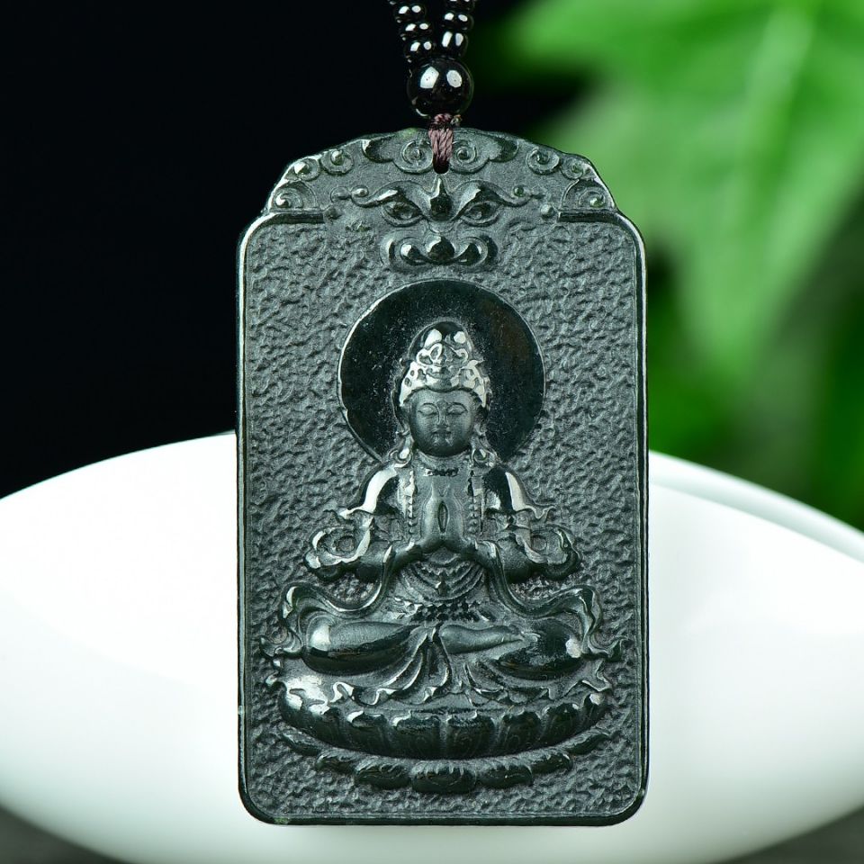 精品和田玉青玉观音菩萨牌子吊坠男款小众设计玉石项链挂坠饰品