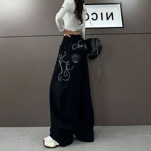美式街头复古重工爵士舞裤千禧玫瑰刺绣秋季休闲阔腿直筒拖地裤潮