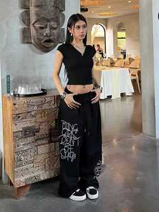 嘻哈跳曳步舞拽酷辣妹街头运动裤 女爵士ins宽松休闲抽绳直筒长裤