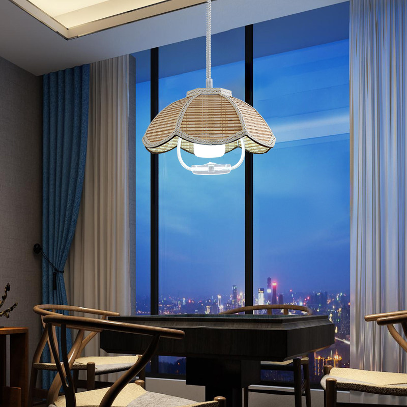 麻将灯升降吊灯田园复古简约风竹编棋牌室茶室书房带开关可伸缩灯