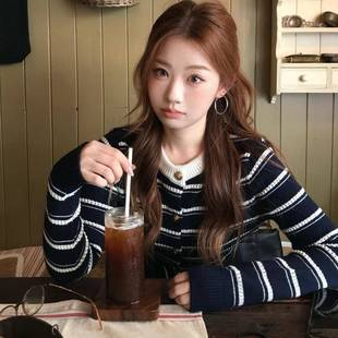 上衣 慵懒温柔风针织衫 韩系撞色条纹开衫 毛衣外套女秋冬小香风短款