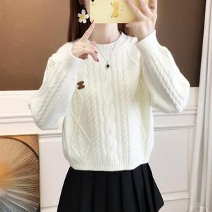 小个子短款毛衣女士秋冬季圆领套头针织衫加厚保暖外穿洋气打底衫