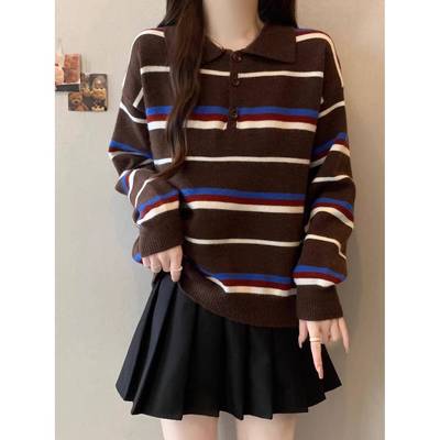 韩系复古设计感条纹撞色长袖毛衣女秋冬休闲百搭polo领针织衫上衣