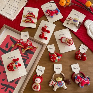 马年新年红色中国风儿童拜年发圈皮筋小女孩可爱碎发边夹发卡头饰