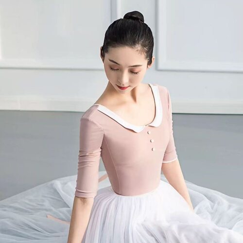 新款茉莉娃娃领中袖体操服女成人形体服连体基训服芭蕾舞练功服