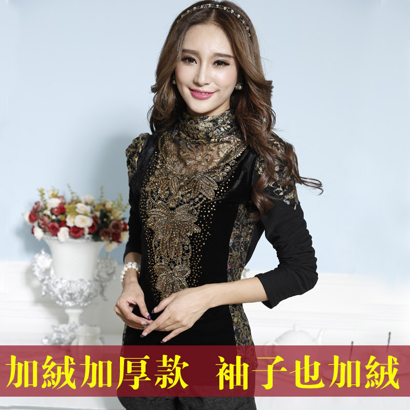 胖mm冬装大码女装洋气打底衫遮肚显瘦长袖t恤加绒蕾丝衫保暖上衣