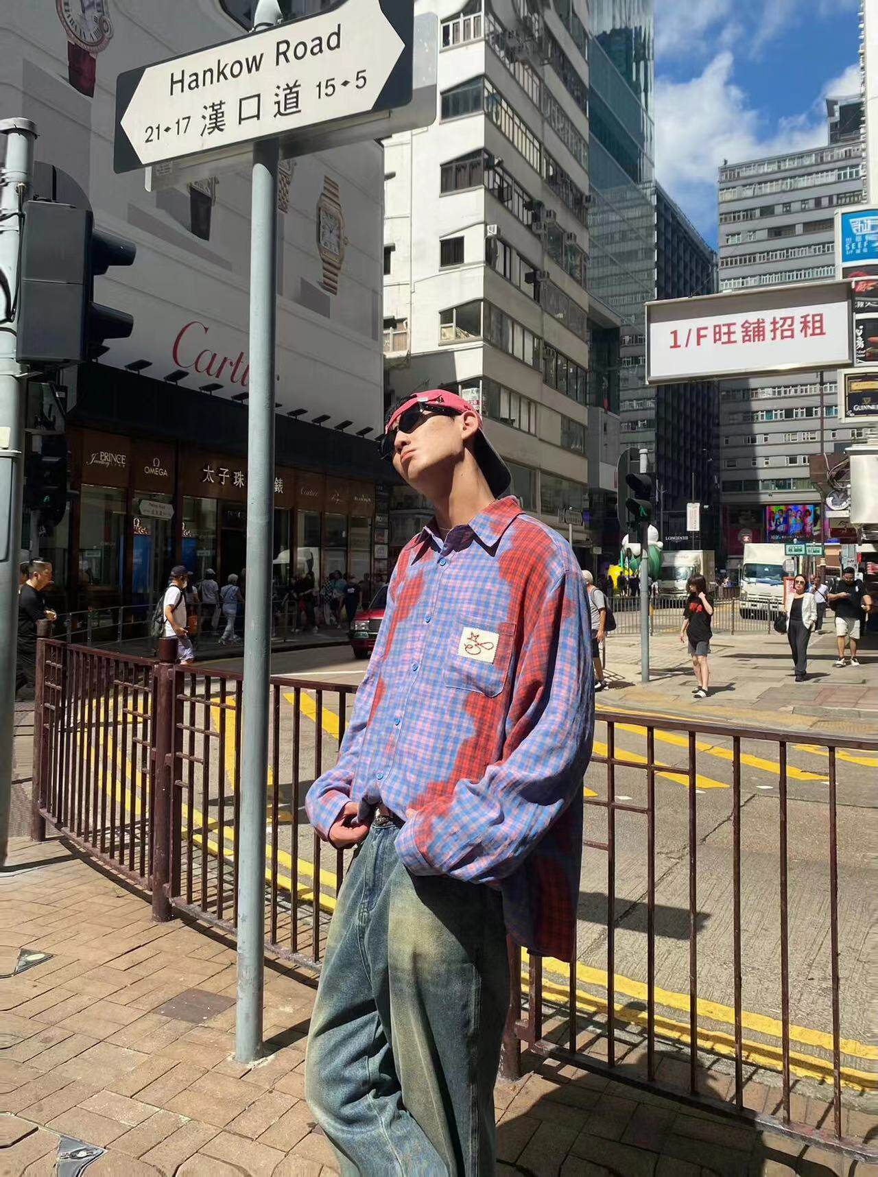 小众紫色扎染格子长袖衬衫男