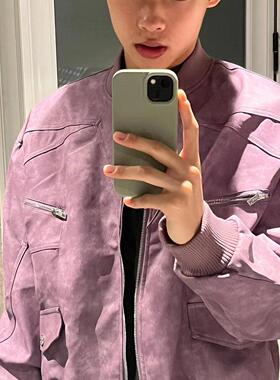 春秋高级感美式复古街头vibe紫色夹克男女潮牌ins嘻哈PU皮衣外套