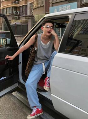 美式假两件背心男款潮流夏季重磅华夫格无袖t恤痞帅运动坎肩短袖