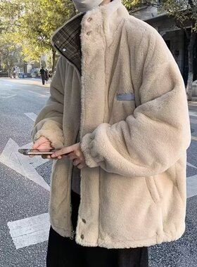 两面穿棉服男款冬季潮牌加绒加厚棉衣宽松痞帅棉袄立领羊羔毛外套