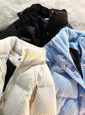 美式oversize高街华夫格棉服男女冬季ins宽松立领加厚棉袄外套潮