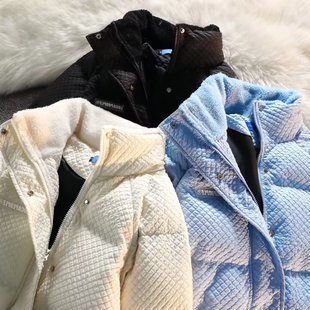 美式oversize高街华夫格棉服男女冬季ins宽松立领加厚棉袄外套潮