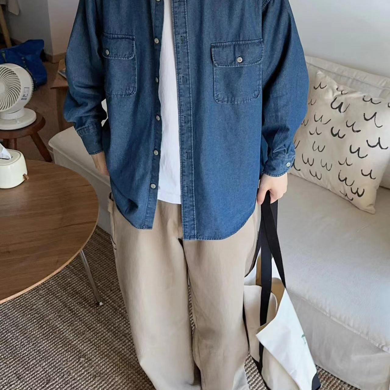 日系复古工装双口袋牛仔衬衫
