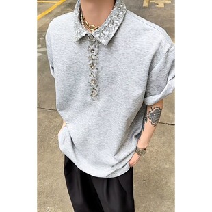 小众重工亮片方领短袖Polo衫男夏季别针设计感T恤高级感垫肩半袖