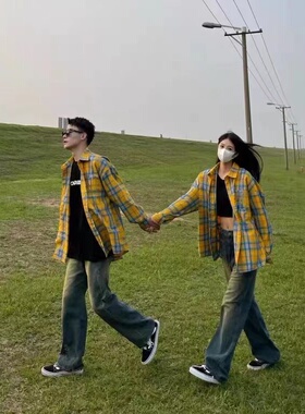 美式复古格子衬衫男长袖秋季休闲vintage潮牌高级感外套情侣衬衣