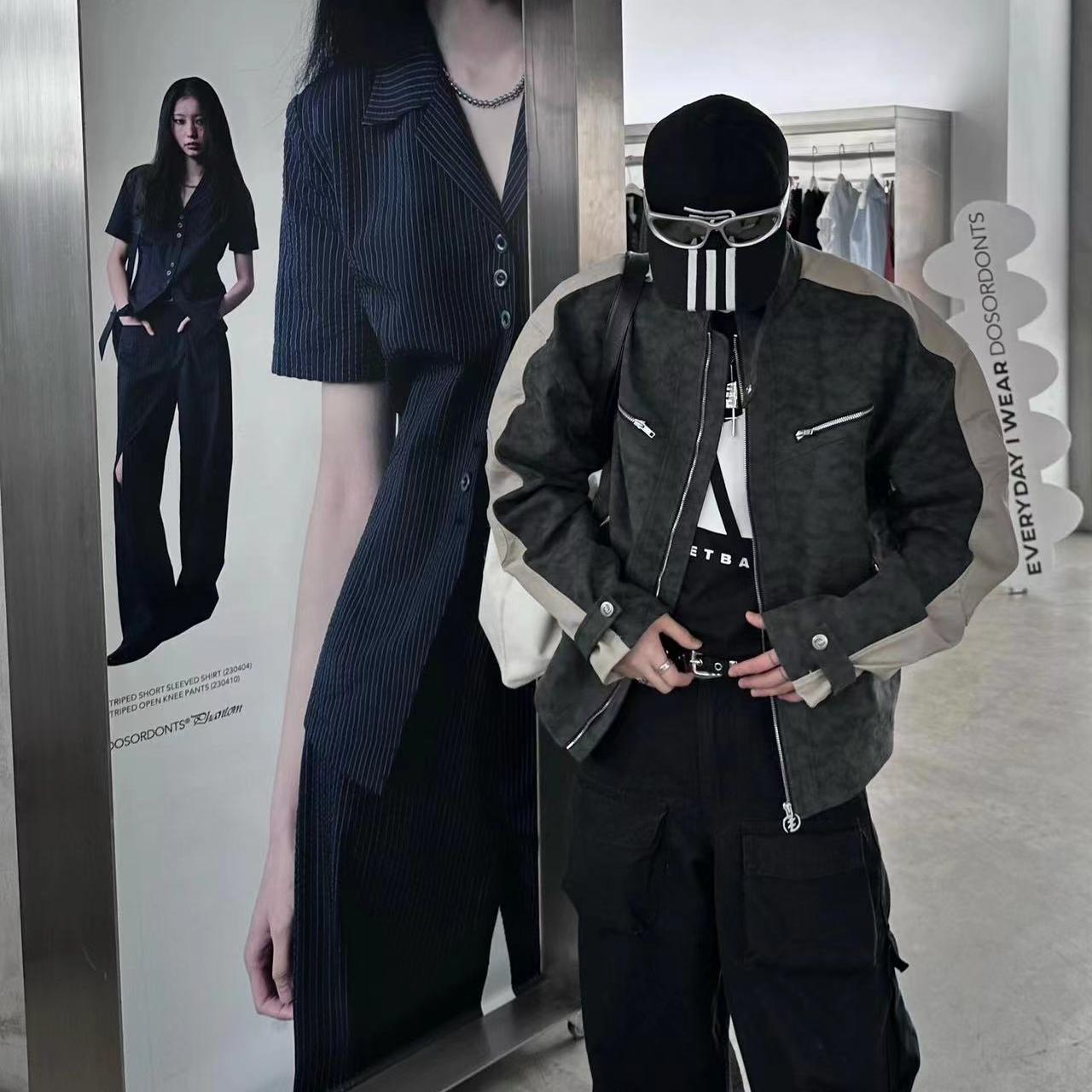 复古机车立领拼接皮衣外套男女