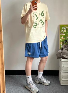 美式街头蓝色尼龙工装短裤男女潮流宽松薄款速干沙滩裤运动五分裤