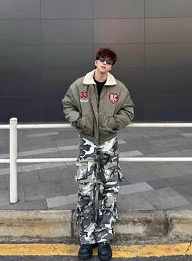 羊羔毛美式复古冬季保暖棉衣翻领