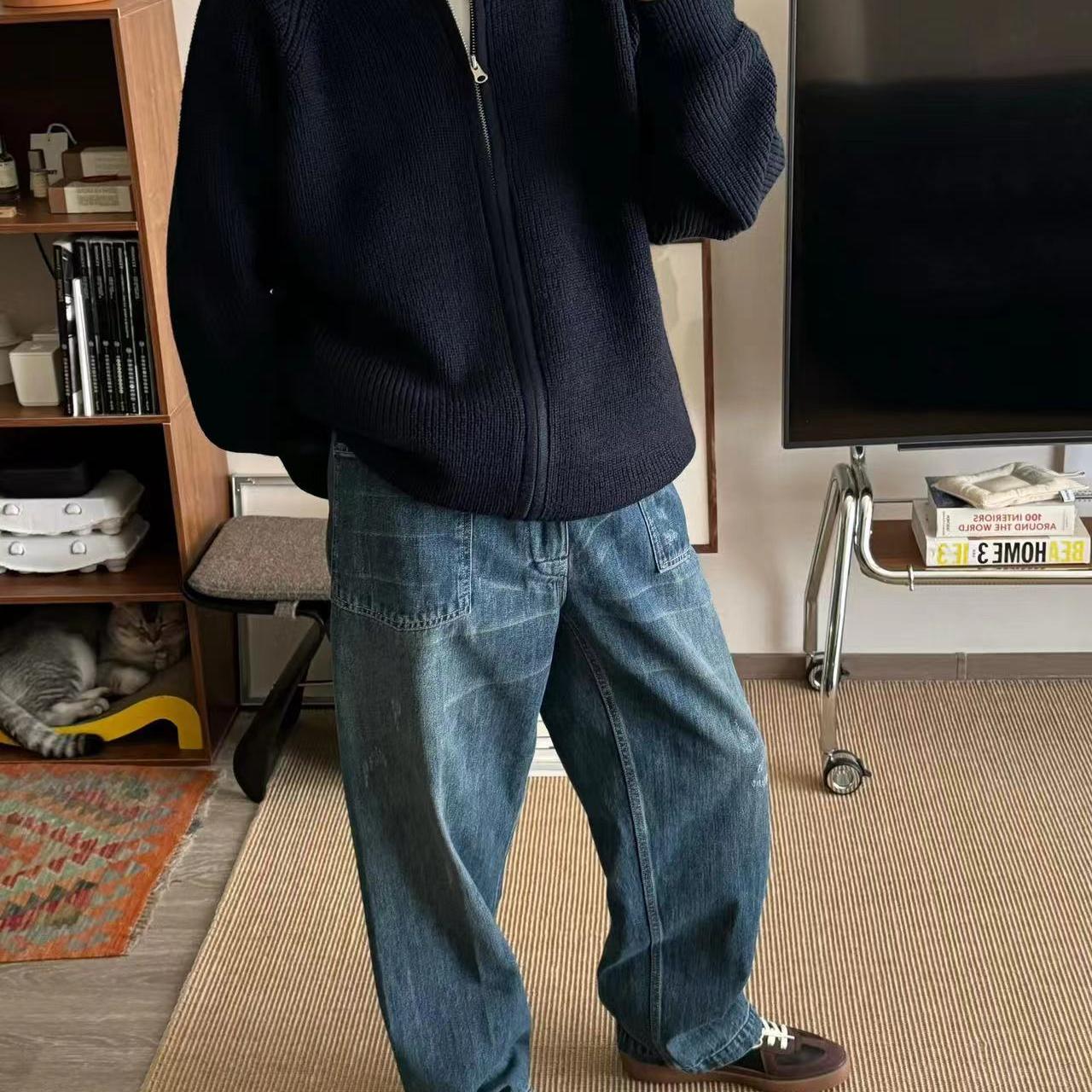 春秋冬外套简约韩版毛衣开衫男拉链纯色保暖针织衫休闲圆领上衣
