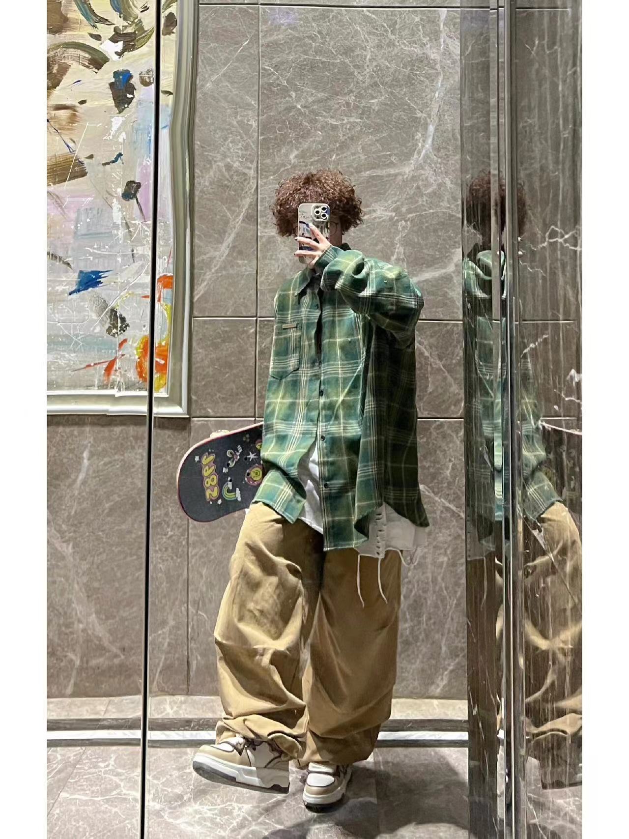 潮牌双色磨毛格子衬衫学生男女春夏复古美式宽松长袖衬衣情侣外套