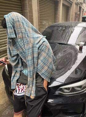 美式复古流苏破坏蓝色格子衬衫春秋潮牌小众毛边设计男女衬衣外套