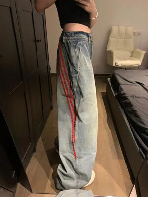 美式高街红色条纹牛仔裤女
