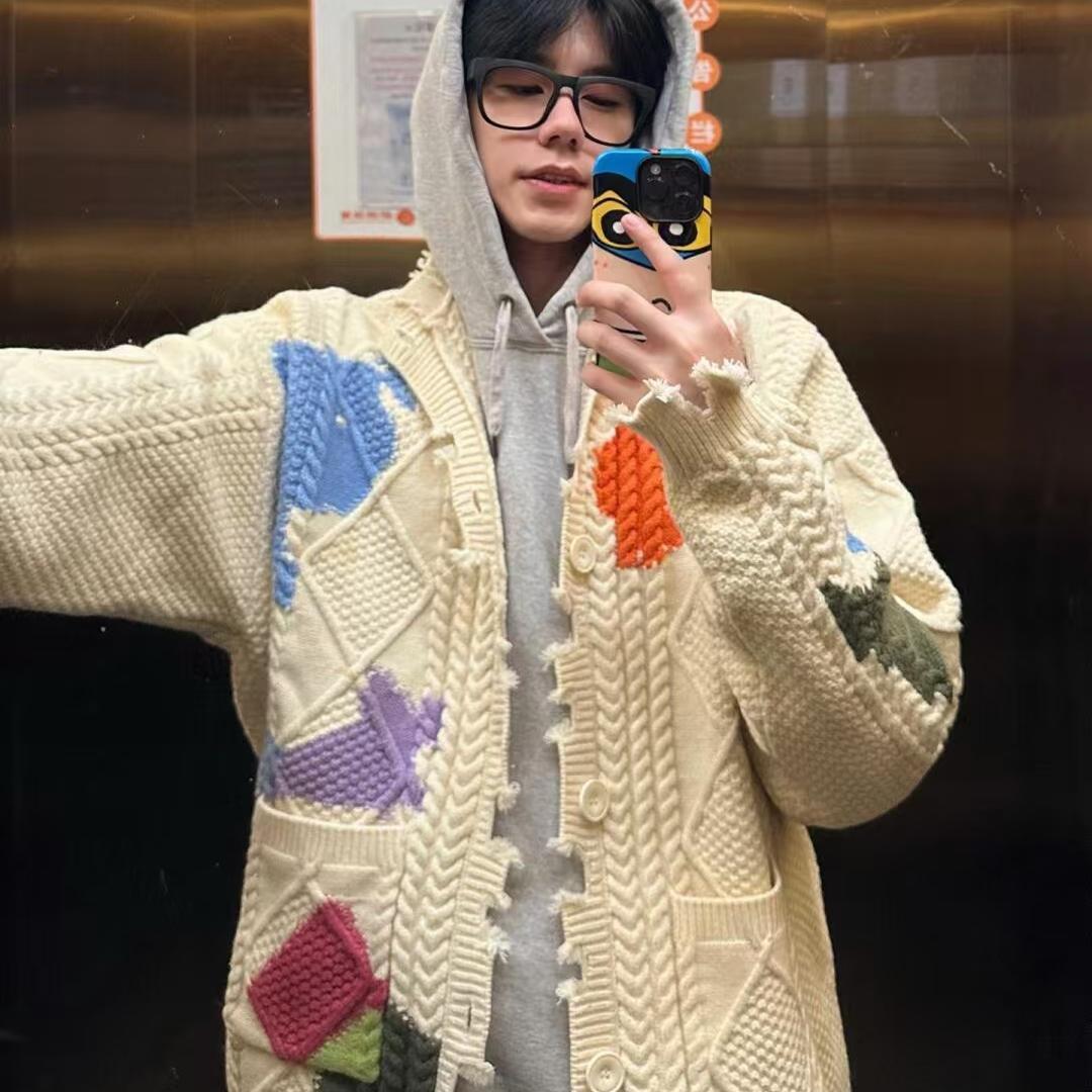 美式复古破洞涂鸦开衫毛衣