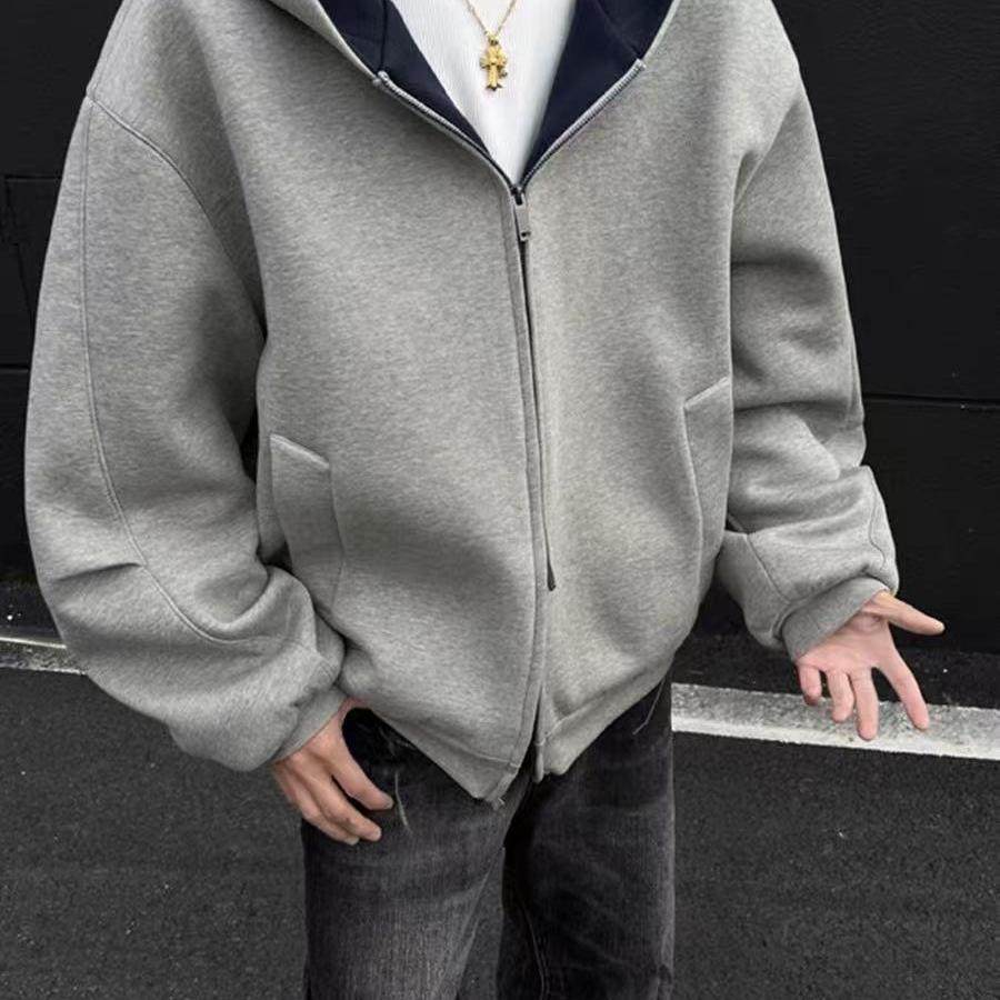 美式重磅双拉链连帽卫衣外套男秋冬痞帅休闲外套加厚撞色情侣开衫