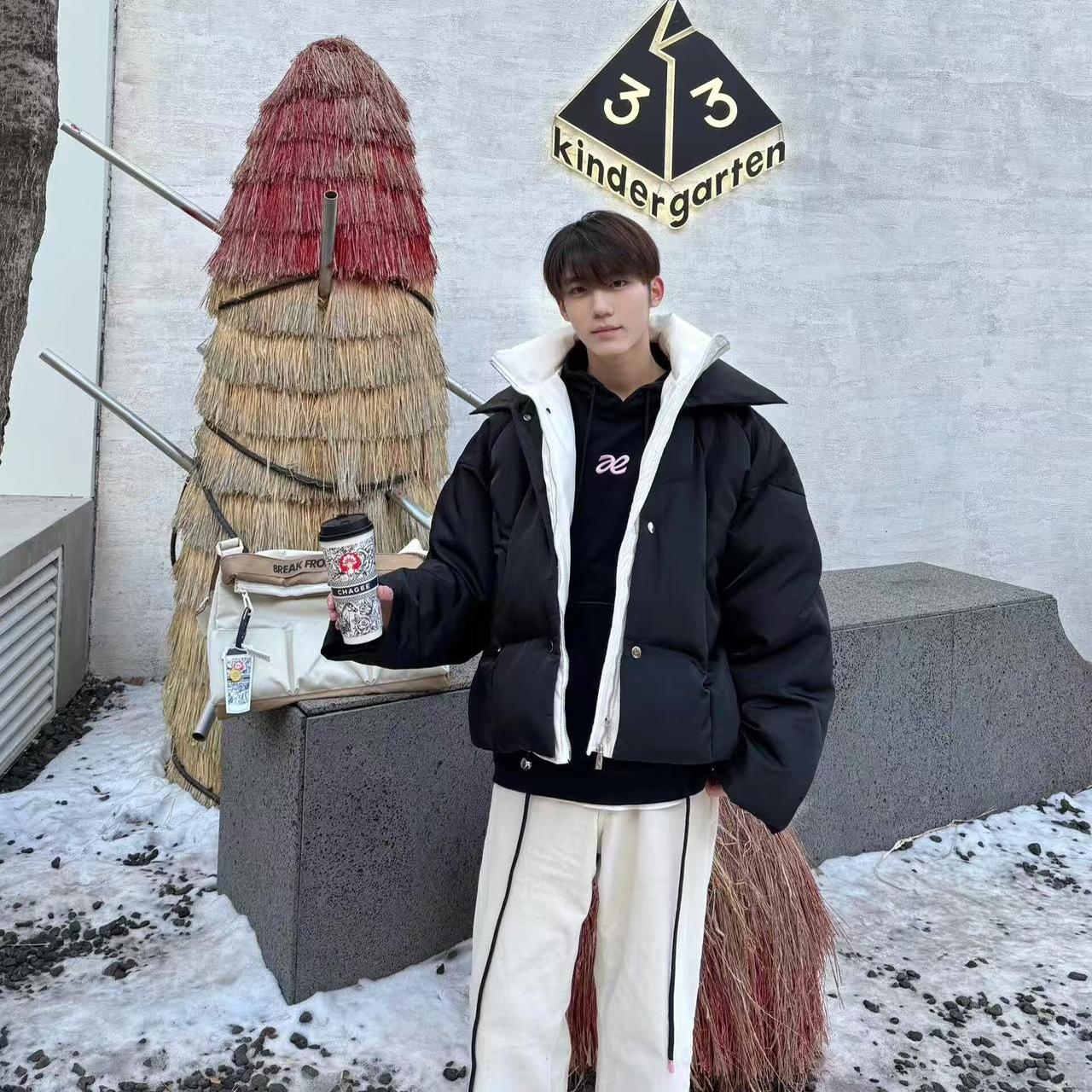 美式高街小众PU皮拼接假两件棉衣外套男冬季双层设计保暖棉服