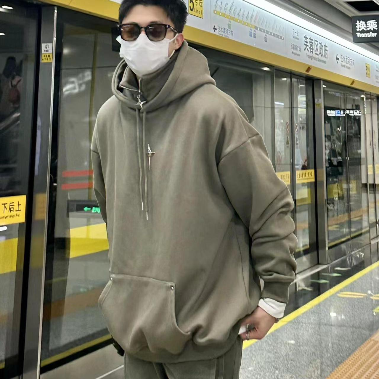 假两件连帽卫衣男春秋冬美式潮牌半拉链重磅男生外套痞帅高领上衣