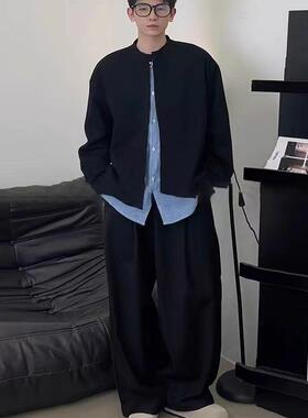 美式条纹假两件开衫卫衣男款秋季cleanfit外套潮牌高级感黑色上衣