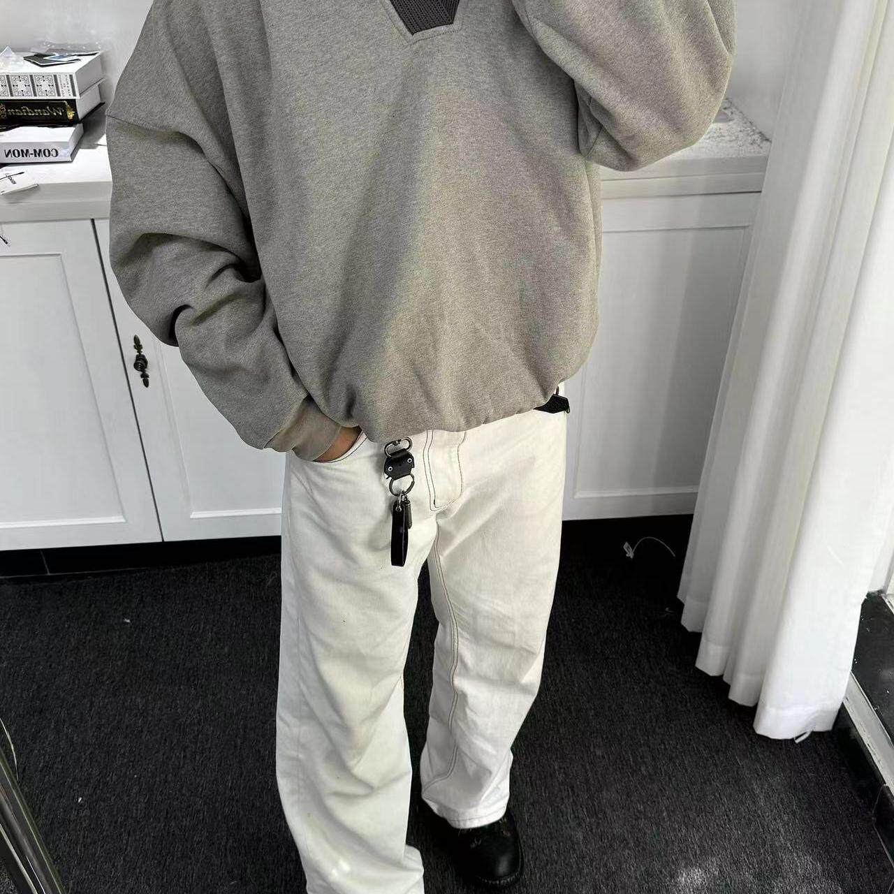 cleanfit灰色卫衣男款连帽春秋季毛线拼接设计感小众宽松休闲外套