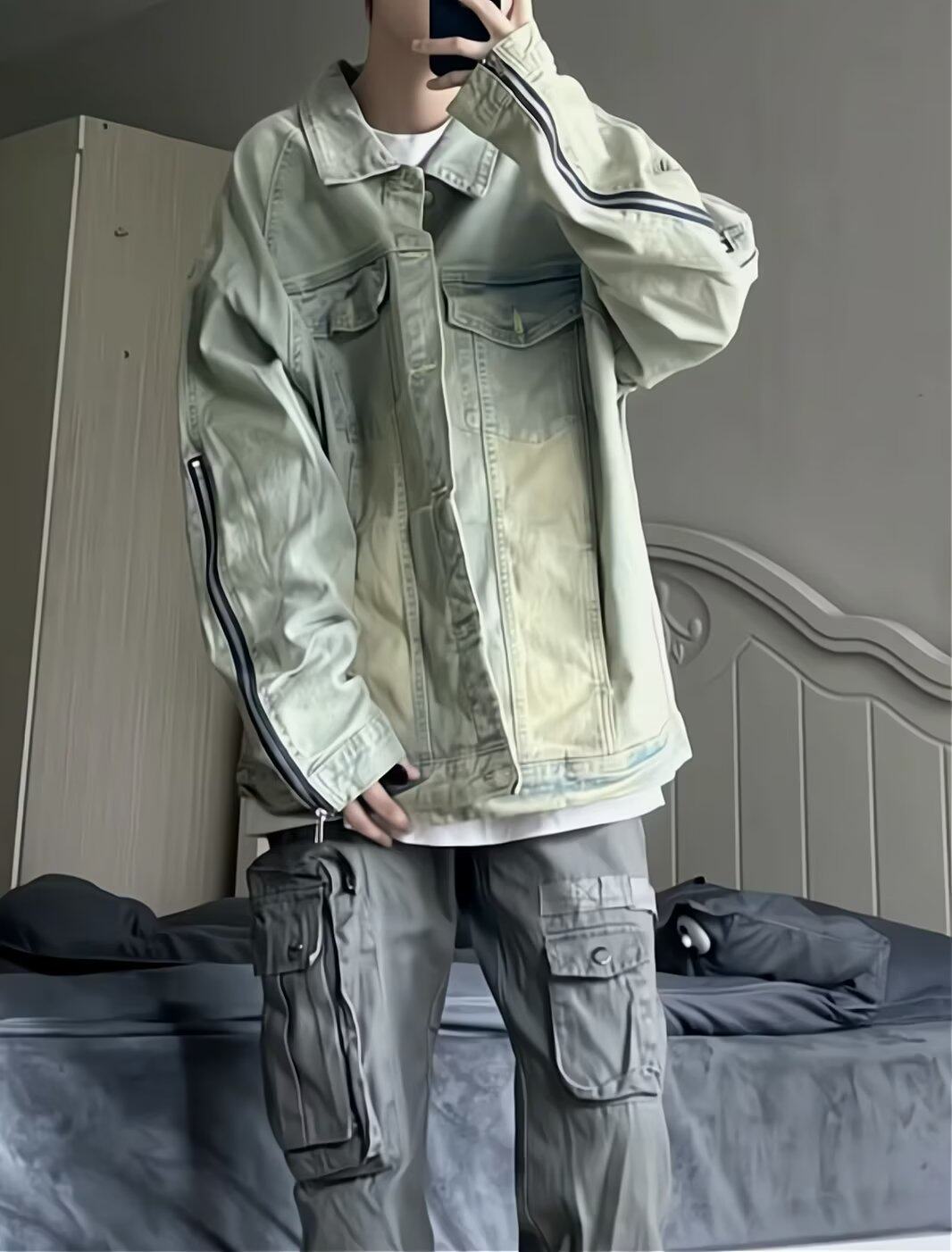 美式高街vibe黄泥做旧水洗翻领牛仔夹克男fog复古潮牌拉链外套男